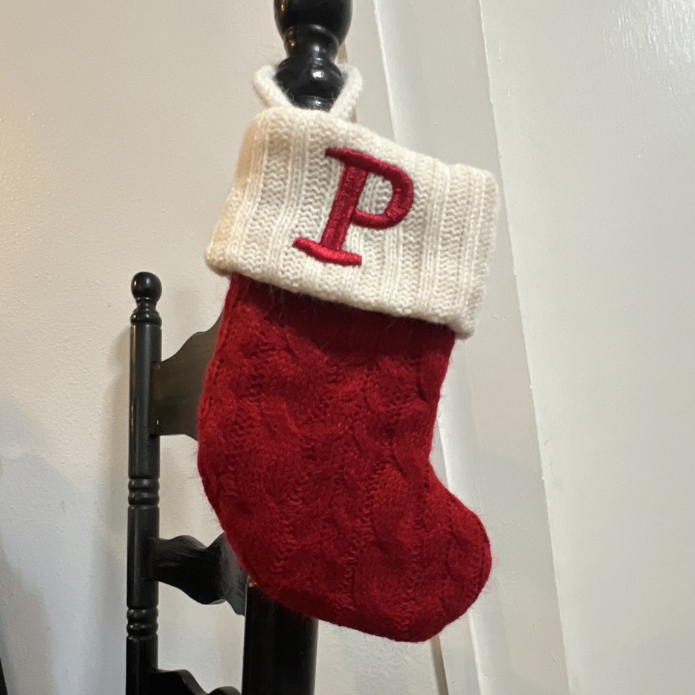 Red White Cable Knit Christmas Stocking with Letter P, 16in Medium Fabric